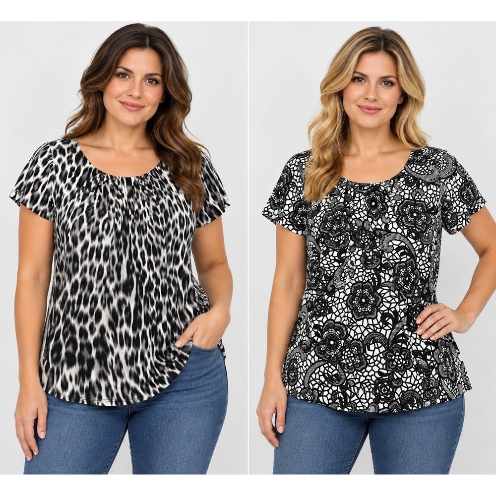 Worthington Woman 2 Pack Tops 1X Leopard Floral Lace Print Scoop Neck Blouses